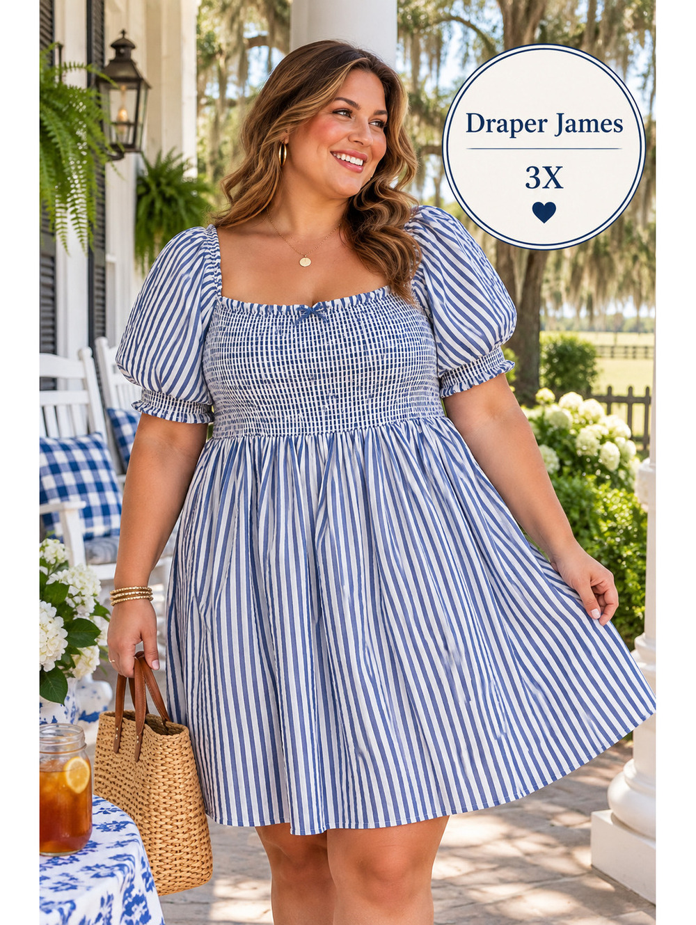 Draper James | 3X | Navy Striped Puff Sleeve Dress